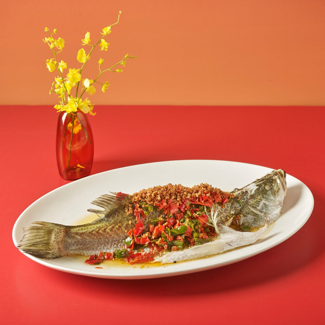 Steamed Sea Bass with Red & Green Chilli Pickled Sauce and Fragrant Garlic